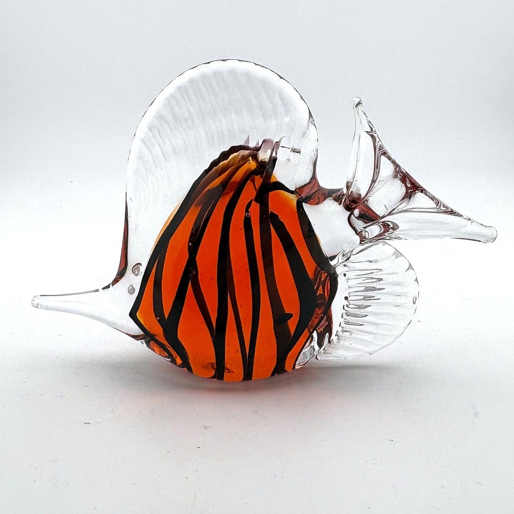 Hand Blown Art Murano Style Glass Fish Figurine Orange Black‎ Striped Tropical